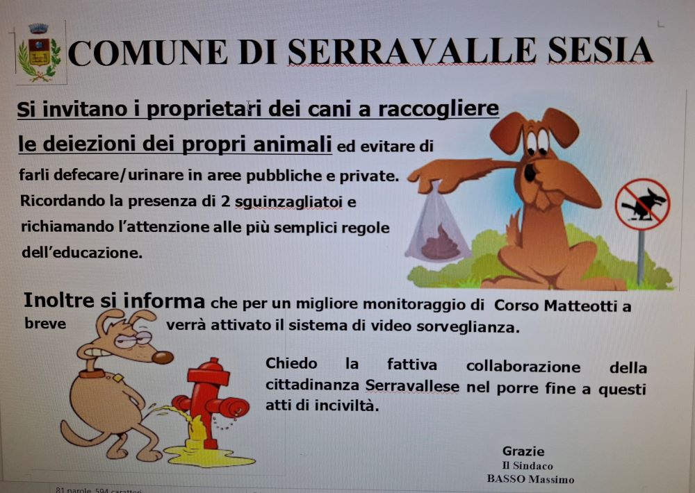 Deiezioni canine: un malcostume difficile da debellare, nuovi manifesti a Serravalle