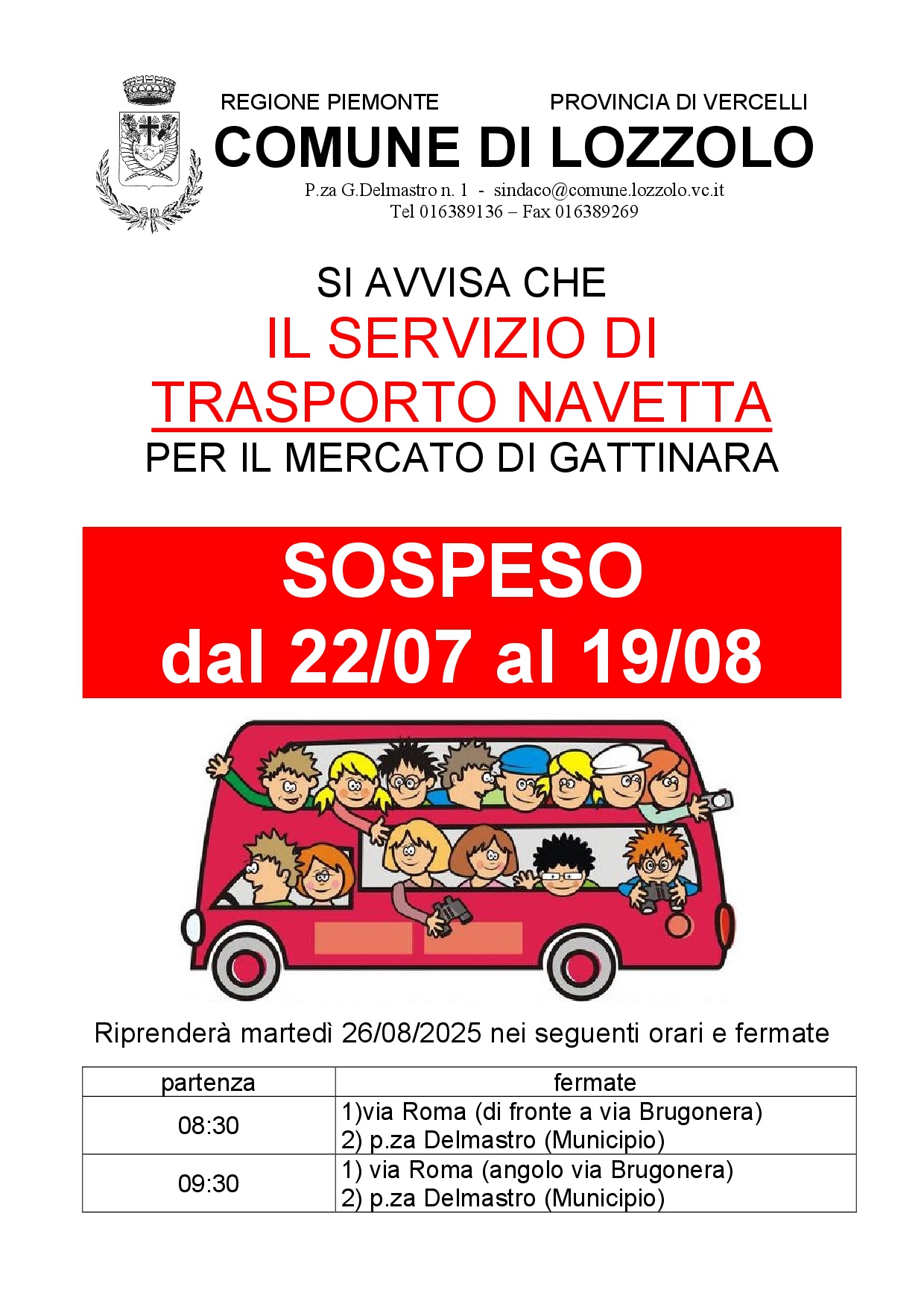 Lozzolo, da domani sospeso il servizio di trasporto navetta per Gattinara