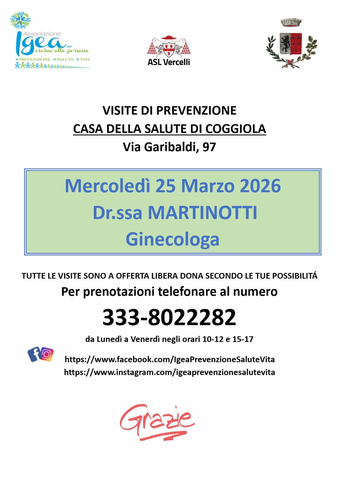 Visite ginecologiche di prevenzione a Coggiola il 25 marzo 2026 con la dott.ssa Martinotti